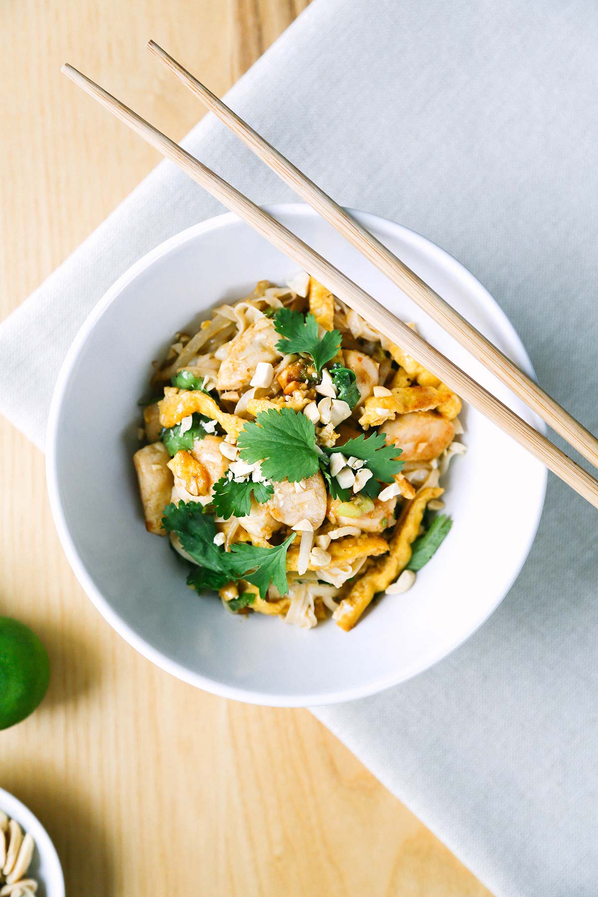 Pad thai recipe for keto and low carb. Uses shirataki noodles with chicken.