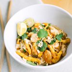 Pad thai recipe for keto and low carb. Uses shirataki noodles with chicken.